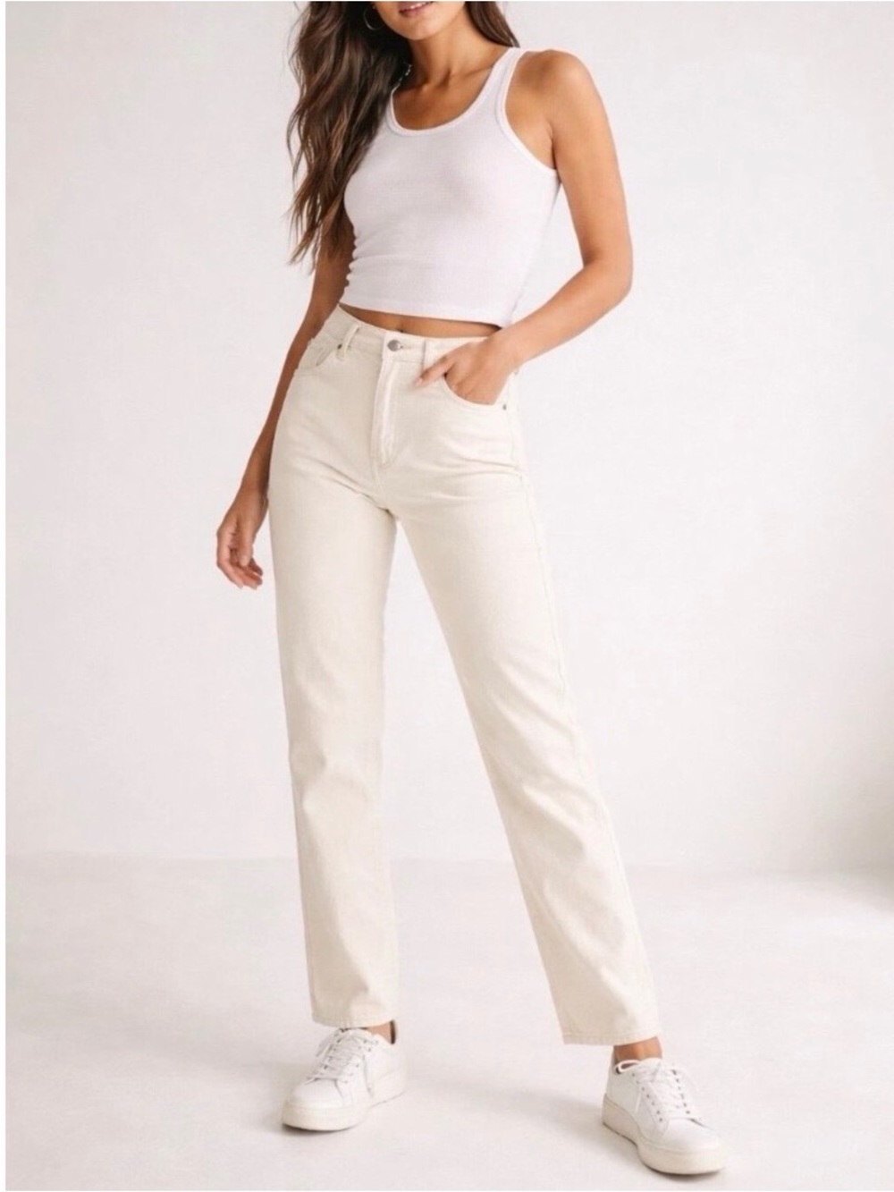NWT We The Free The Pacifica High Rise Slim Straight Leg Jeans in Ivory, size 30